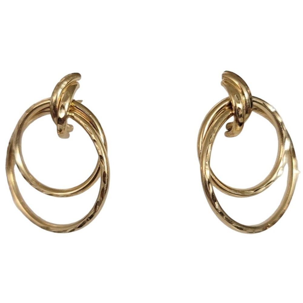 14K Yellow Gold Etched Entwined Hollow Open Circles Post Earrings E45